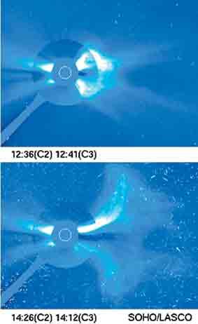 Рентгеновские снимки солнечной короны, постоянно наблюдаемой спутником SOHO, после солнечной вспышки покрываются многочисленными белыми точками.