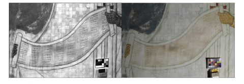 Пример обработанного (слева) и исходного изображений, полученный при мультиспектральной съёмке фресок собора Рождества Богородицы Ферапонтова монастыря