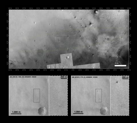 Предполагаемое место падения "Скиапарелли", сфеотографированое камерой низкого разрешения КА MRO (НАСА) (с) Вверху: NASA/JPL-Caltech/MSSS, Arizona State University; внизу: NASA/JPL-Caltech/MSSS