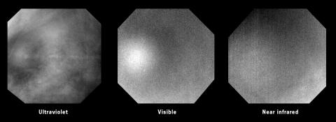Рисунок 1. Так выглядит глория в ультрафиолетовом (слева), видимом (в центре) и инфракрасном диапазонах (справа). Снимки сделаны прибором VMC 24 апреля 2011 г. Поперечный размер глории — 1200 км, расстояние до объекта — 6000 км. Изображение (с) ESA/MPS/DLR/IDA