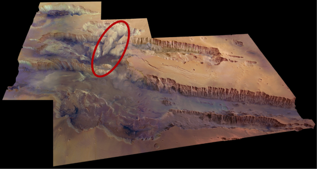 Долина Маринера по данным камеры HRSC на КА Mars Express (ЕКА). Изображение (с) ESA/DLR/FU Berlin (G. Neukum), CC BY-SA 3.0 IGO