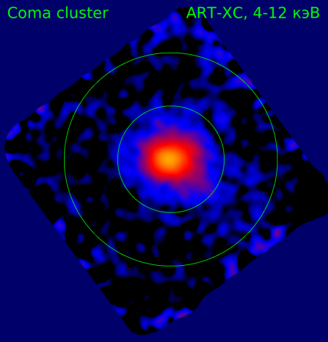 Скопление галактик Кома в созвездии Волосы Вероники, полученный телескопом SRG/ART-XC в диапазоне 4–12 кэВ. Изображение: СРГ/ART-XC/ИКИ