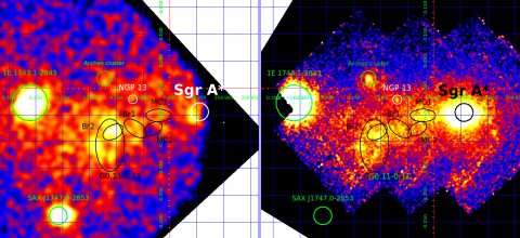 Суммарное изображение, полученное с семи детекторов телескопа ART-XC, и мозаика, выполненная из изображений гамма-телескопа NuSTAR (НАСА)