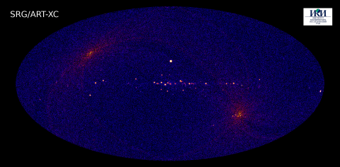 Карта, полученная по обзору всего неба телескопом ART-XC в рамках первого этапа научной программы обсерватории «Спектр-РГ» 8 декабря 2019 по 10 июня 2020 г., с вычтенным фоном заряженных частиц. Изображение: ИКИ РАН
