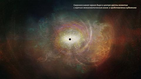 Сверхмассивная черная дыра в центре группы галактик с горячим межгалактическим газом в представлении художника (с) ИКИ РАН