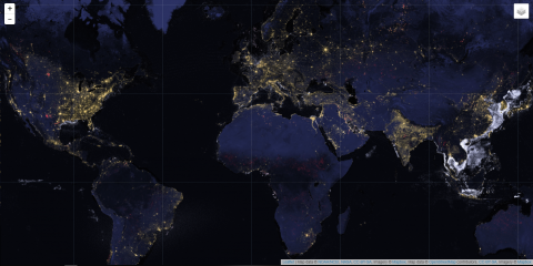 Стабильные ночные огни Земли по данным спектрометров VIIRS. Карта получена после обработки данных за 2016 г. https://data.ngdc.noaa.gov/instruments/remote-sensing/passive/spectrometers-radiometers/imaging/viirs/trip_the_light_fantastic/trip_the_light.html