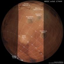 Поднятие Фарсида и окружающие детали рельефа на глобусе Марса (c) NASA/Viking, FU Berlin
