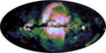 Карта диффузного рентгеновского излучения в диапазоне 0.6–1.0 кэВ, полученная телескопом СРГ/еРОЗИТА. Вклад точечных источников был удален. Изображение из статьи P. Predehl, R.A. Sunyaev, et al