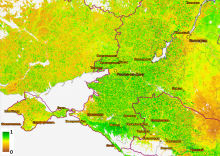 Цветом на карте показано значение NDVI, полученное по территории субъектов Южного и Северо-Кавказского федеральных округов на 17 неделю (25 апреля – 1 мая) 2022 г. По данным сервиса ВЕГА-PRO