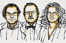 Нобелевские лауреаты по физике 2020 года: сэр Роджер Пенроуз, Райнхард Генцель и Андреа Гез (c) Ill. Niklas Elmehed. © Nobel Media