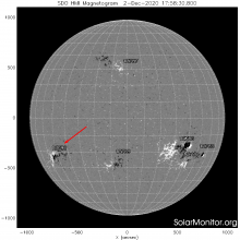 Активные области на Солнце 3 декабря 2020 г. по данным космического аппарата SDO. Магнитограмма Солнца (c) Solar Dynamics Observatory, NASA