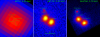 Барстеры  SLX 1744-299 и SLX 1744-300 и туманность Мышка. Слева направо: изображения телескопов АРТ-П/Гранат, ART-XC/Спектр-РГ, NuSTAR (НАСА)