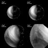 Рис.1 Пример ультрафиолетовых изображений Венеры, полученных во время приближения аппарата «Венера-Экспресс» к планете. В левом верхнем угле снимков указаны орбитальное время (до прохождения перицентра) и пространственное разрешение